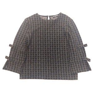 KARL LAGERFELD Paris Windowpane Bow Accented Sleeve Knit Top Size‎ S Black